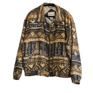 Vintage Eclectic East West Silk‎ Bomber Jacket Brown Blue Geometric Tribal Print